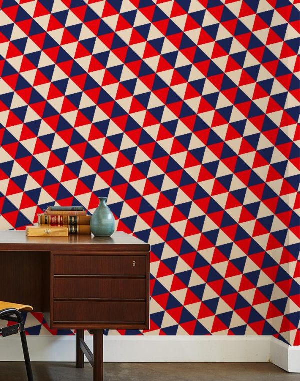 Optic Triangle  Wallpaper by Clare V. - Navy   Peach Hot on Sale