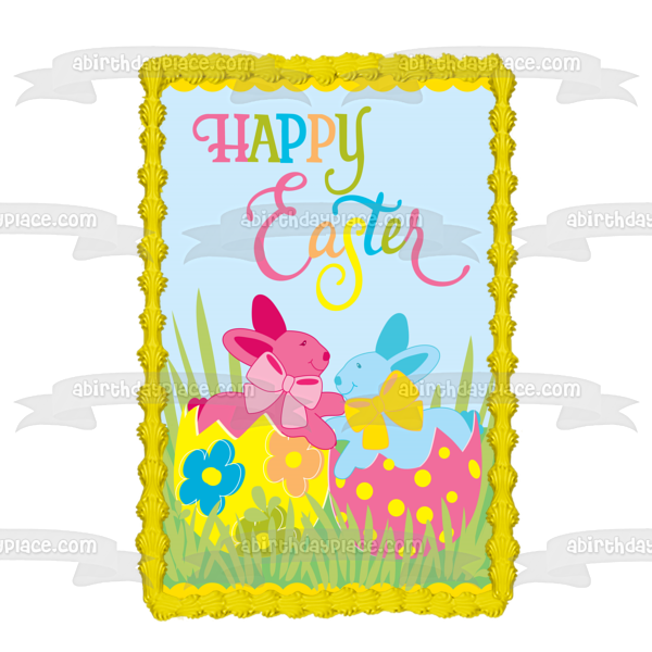 Happy Easter Bunnies Eggs Grass Edible Cake Topper Image ABPID13278 Sale