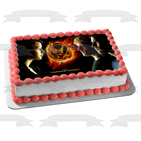 The Hunger Games Catching Fire Flaming Mocking Jay Katniss Everdeen Peeta Mellark and Gale Hawthorne Edible Cake Topper Image ABPID04248 Sale