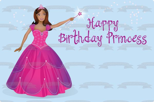 Happy Birthday Princess Girl Pink Dress Tiara Magic Wand Edible Cake Topper Image ABPID13300 For Cheap