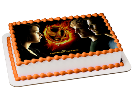 The Hunger Games Catching Fire Flaming Mocking Jay Katniss Everdeen Peeta Mellark and Gale Hawthorne Edible Cake Topper Image ABPID04248 Sale