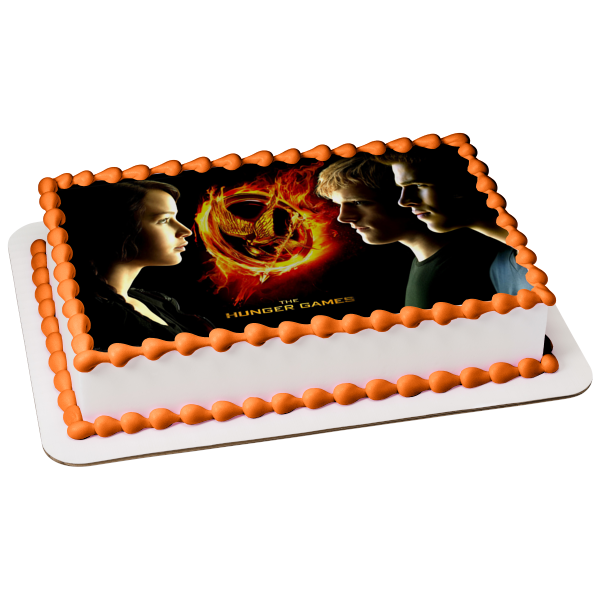 The Hunger Games Catching Fire Flaming Mocking Jay Katniss Everdeen Peeta Mellark and Gale Hawthorne Edible Cake Topper Image ABPID04248 Sale