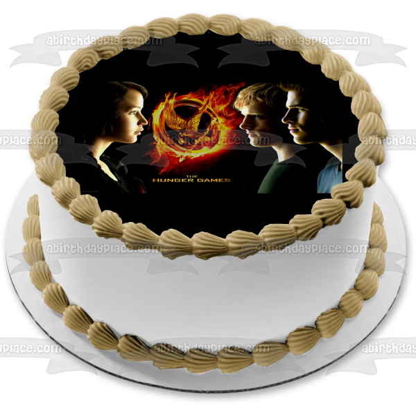 The Hunger Games Catching Fire Flaming Mocking Jay Katniss Everdeen Peeta Mellark and Gale Hawthorne Edible Cake Topper Image ABPID04248 Sale