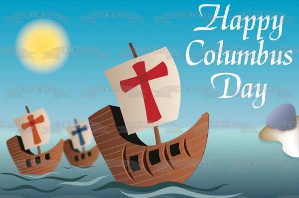 Happy Columbus Day Niña Pinta Santa Maria Sailing Americas Edible Cake Topper Image ABPID13035 For Sale