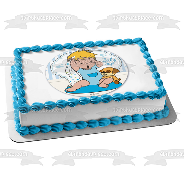 Baby Boy Cartoon Toy Puppy Blue Hearts Edible Cake Topper Image ABPID22104 Online Sale