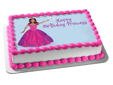 Happy Birthday Princess Girl Pink Dress Tiara Magic Wand Edible Cake Topper Image ABPID13300 For Cheap