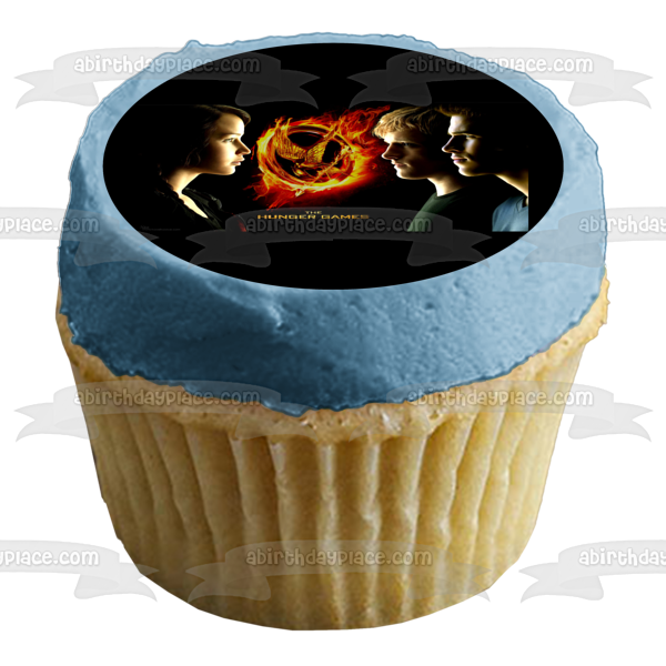 The Hunger Games Catching Fire Flaming Mocking Jay Katniss Everdeen Peeta Mellark and Gale Hawthorne Edible Cake Topper Image ABPID04248 Sale