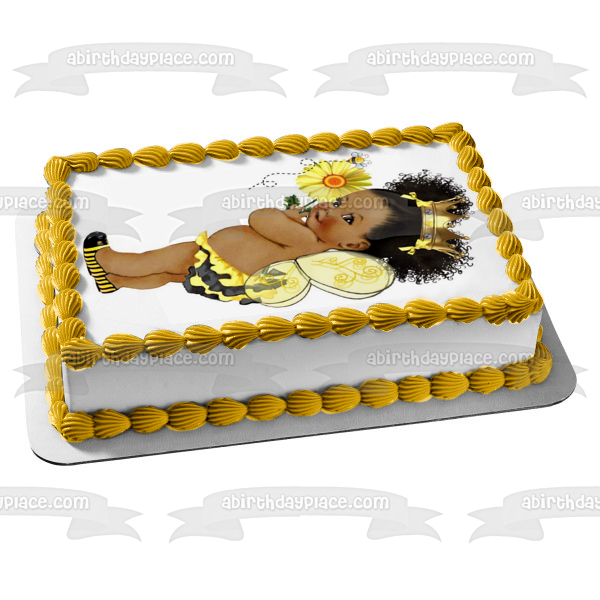 Queen Bee Princess Afro Puff African American Baby Girl Baby Shower Edible Cake Topper Image ABPID50368 Supply