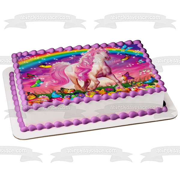 Rainbow Horse Sparkles Butterflies Flowers and Mushrooms Edible Cake Topper Image ABPID04203 on Sale