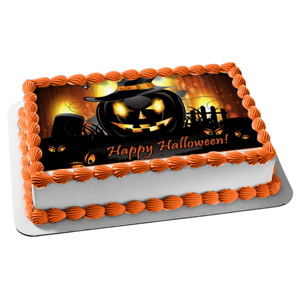 Happy Halloween Scary Jack-O-Lanterns Graveyard Scene Background Edible Cake Topper Image ABPID52678 Hot on Sale