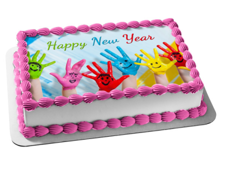 Happy New Year Kids Hands Painted with Smiley Faces Edible Cake Topper Image ABPID53180 For Sale