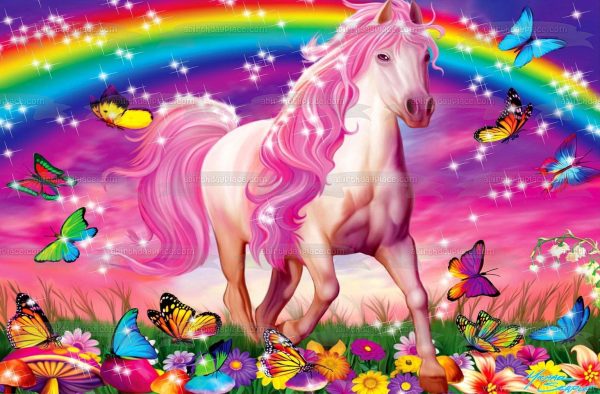 Rainbow Horse Sparkles Butterflies Flowers and Mushrooms Edible Cake Topper Image ABPID04203 on Sale