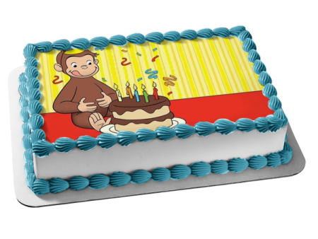 Curious George Happy Birthday Cake Hat and Streamers Edible Cake Topper Image ABPID06322 Online now