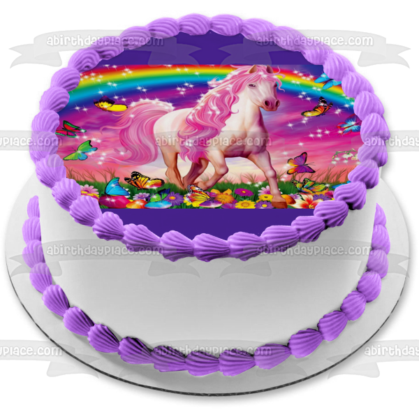 Rainbow Horse Sparkles Butterflies Flowers and Mushrooms Edible Cake Topper Image ABPID04203 on Sale