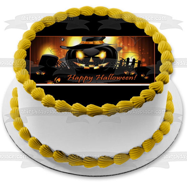 Happy Halloween Scary Jack-O-Lanterns Graveyard Scene Background Edible Cake Topper Image ABPID52678 Hot on Sale