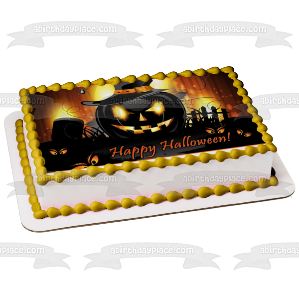 Happy Halloween Scary Jack-O-Lanterns Graveyard Scene Background Edible Cake Topper Image ABPID52678 Hot on Sale