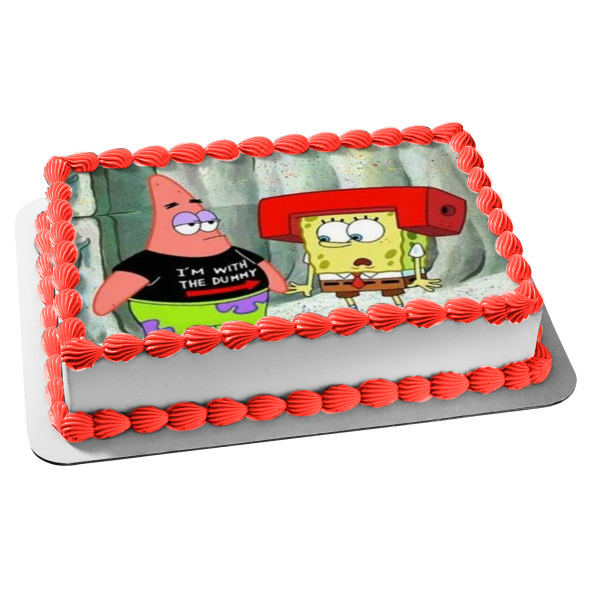 SpongeBob SquarePants Red Helmet Patrick I m with the Dummy T-Shirt Edible Cake Topper Image ABPID51136 Online Sale